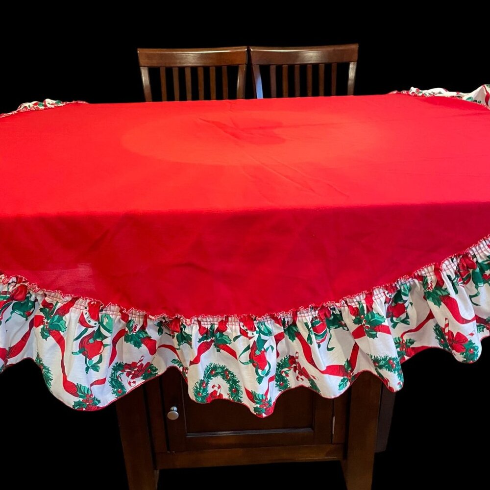 Vintage Red Roung Tablecloth with Christmas Wreath & Candy Cane Ruffle Trim